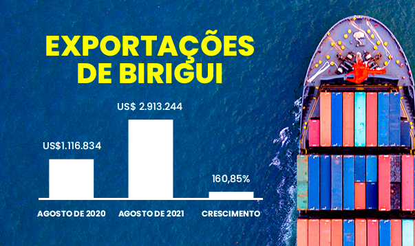 Exportações de produtos biriguienses somaram US$ 2,9 milhões e alcançaram 23 países em agosto
